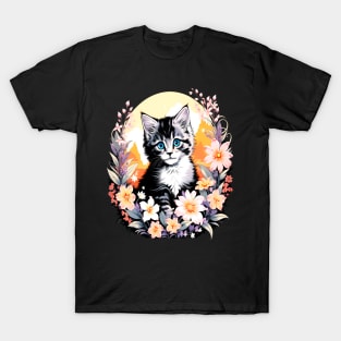 Black and Grey Kitten Surrounded by Spring Flowers T-Shirt